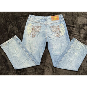 Phat Farm Jeans Men 36X30 Blue Denim Classic Straight Baggy Embroidered Pockets